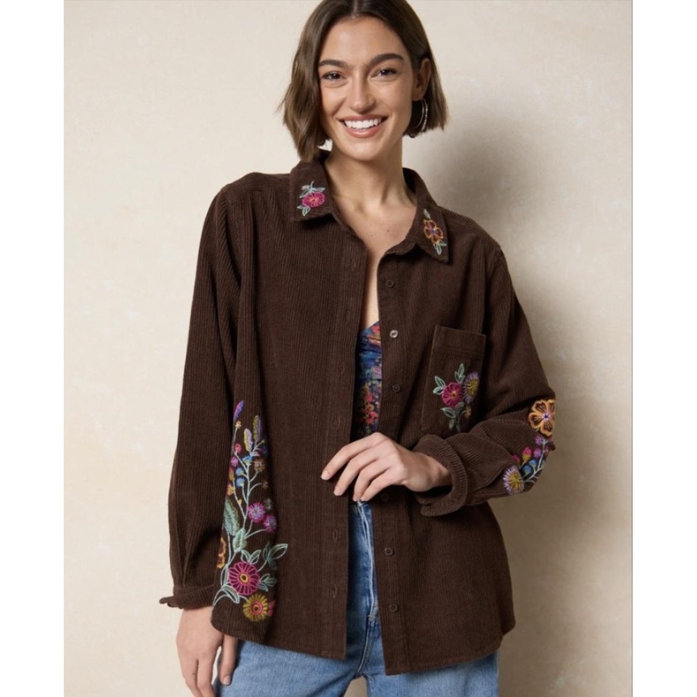 Natural Life Jacket Womens Small Brown Corduroy Embroidered Floral Boho Shacket